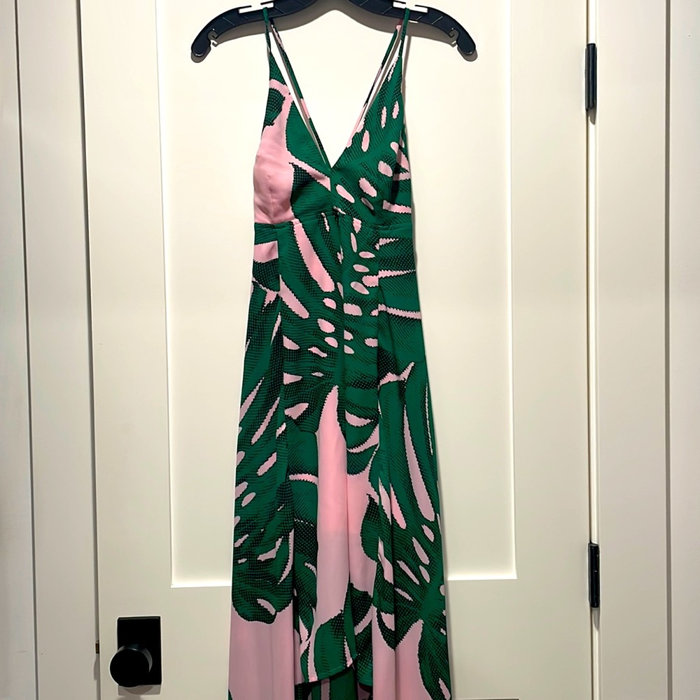 Express pink/green tropical sheath sundress. Hi-low hem, corset back. Size 0.